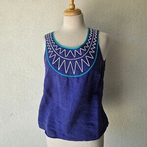 Boden Indigo Blue Embroidered Sunray 100% Linen Tank Top Soutache Womens 8